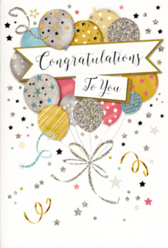 This congratulations card offers a poised and elegant vision of celebration, as if someone has translated the mood of a party in Grove Park into a single, thoughtfully composed image. The dominant feature is a tall, central cluster of illustrated balloons, gently crowding together like the blooms in a carefully crafted bouquet. They are painted in a soft yet luxurious palette-muted gold, polished silver, champagne cream, airy sky blue, rosy blush, and cool grey-and each balloon is dressed with delicate details: tiny star patterns, slim bands of glittering texture, and subtle speckles that create a sense of gentle sparkle. From the base of the cluster, fine metallic ribbons in silver and gold trail downward in graceful curls, their movement suggesting a light indoor breeze or an open window looking out toward the tree-lined streets near Grove Park station. Scattered around the balloons are miniature stars, dots, and curly lines, mimicking the joyful chaos of confetti and streamers suspended just after a cheer has gone up. A broad, flowing banner crosses the centre of the design, bearing the phrase Congratulations To You in elegant, lyrical script that feels deeply personal yet suitable for any major milestone-whether a graduation, promotion, or special triumph worth celebrating locally. The background remains light and understated, allowing the metallic accents and soft colours to stand out with quiet sophistication. You can imagine the subtle shift of light as the card is tilted, catching on glitter and reflective ink. As a local florist serving Grove Park, used to sending arrangements to homes near Chiswick and along the river, I see this card as an ideal partner to fresh flowers-its graceful design echoing the same themes of pride, admiration, and heartfelt joy that a bouquet conveys without words.
