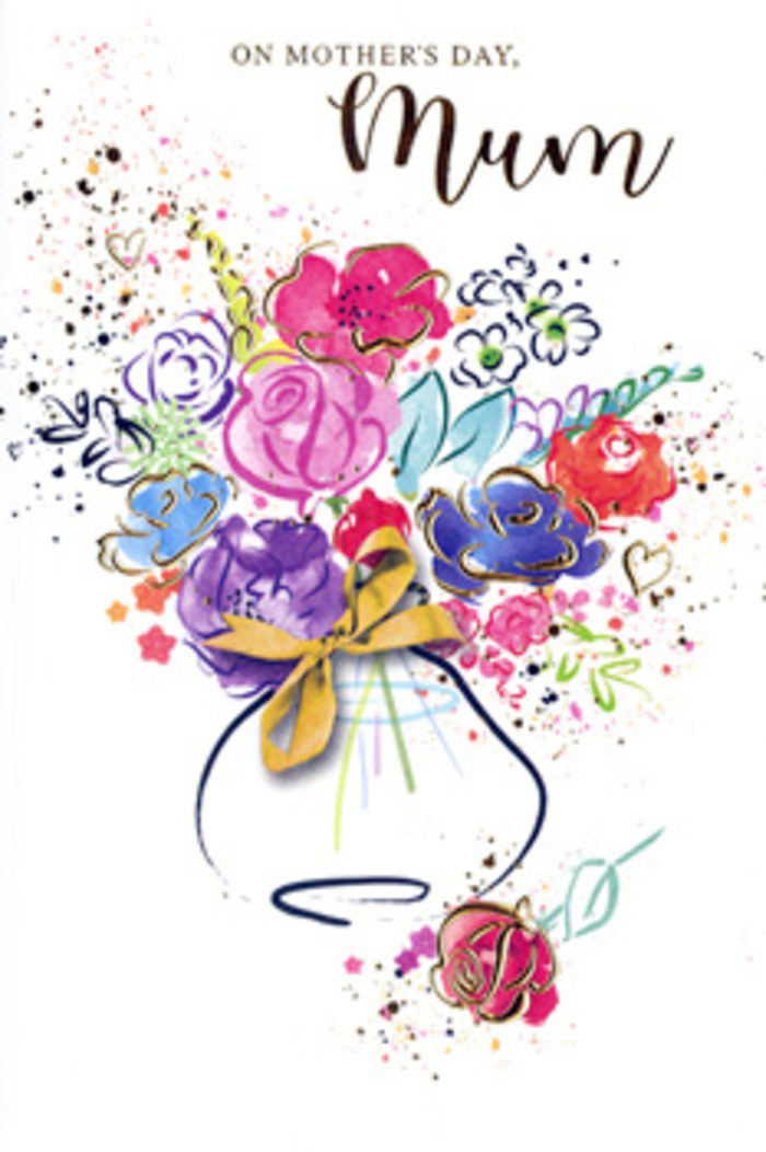 Expressive card for Mother's Day showing a vibrant, watercolour bouquet that feels both spontaneous and carefully composed, like a florist's quick study created between deliveries around Grove Park. At the heart of the design, bold cerise and hot pink blossoms radiate outwards, surrounded by cooler tones of blue, indigo, and soft lavender, with gentle touches of apricot and peach adding warmth. The petals are defined by fluid indigo outlines that never feel rigid, allowing the colours to bleed beyond their borders and blend where blossoms meet. This creates a sense of movement and depth, as though the flowers are slowly unfurling under soft afternoon light near Grove Park Terrace. Delicate streaks of gold highlight edges of petals and the curves of leaves, giving a subtle, luminous quality to the bouquet, like tiny reflections glancing off glass and water. Around the main cluster of flowers, hearts, splatters, and speckles of colour scatter on the crisp white background, suggesting the happy chaos of celebration and the flutter of emotions that come with saying thank you, Mum. The stems gather into a simple, rounded vase at the foot of the image, wrapped with an elegant golden bow that anchors the airy arrangement and hints at the ritual of tying ribbon around a finished bouquet. The overall impression is one of affectionate energy and depth of feeling, making this card an ideal companion for a real floral gift arriving at a home in Grove Park or along the quiet streets leading toward Chiswick.