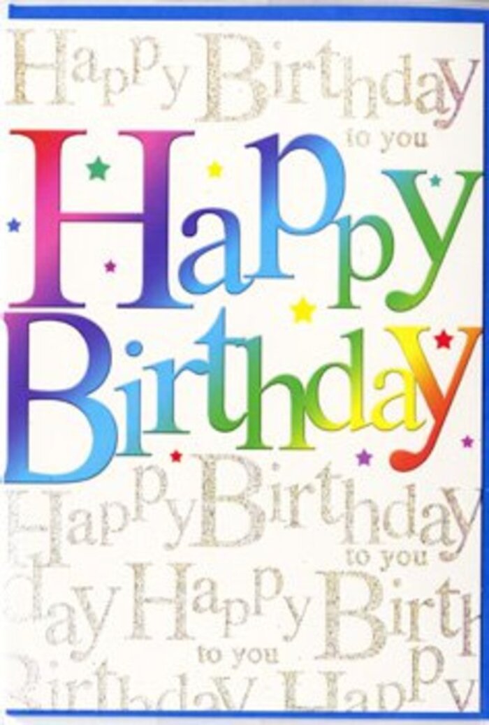 This birthday card carries the same sense of thoughtful festivity you might feel stepping into a cosy Grove Park flower shop on a celebration day. Dominating the front, the words Happy Birthday span across in big, confident letters, each stroke drenched in a different vivid colour so that the message reads like a ribbon of rainbow light. Shades of ruby, rose, violet, indigo, and emerald segue smoothly into citrusy yellow and soft orange, recalling the layered effect of a carefully blended birthday bouquet. The finish on the letters appears glossy and almost satin-like, catching highlights and shadows in a way that gives the text a gently raised, tactile quality. Behind this bold greeting, the background is a continuous pattern of fine golden script repeating Happy Birthday to you in flowing cursive, the lines curving and looping like delicate stems weaving behind bright blooms. The gold has a faint glitter, creating a subtle shimmer that becomes more apparent as the card moves, similar to the way sunlight glints on leaves in the small green spaces around Grove Park. The script doesn't compete with the main rainbow message; instead, it forms a soft, luminous haze that supports and enhances it, wrapping the words in warmth. Between the letters, minute specks of sparkle punctuate the design, reminiscent of scattered confetti at the end of a happy gathering. Overall, the card feels joyful yet composed, ideal to accompany flowers for a milestone birthday or a simple family celebration nearby, turning a familiar phrase into a visually rich, heartfelt expression.