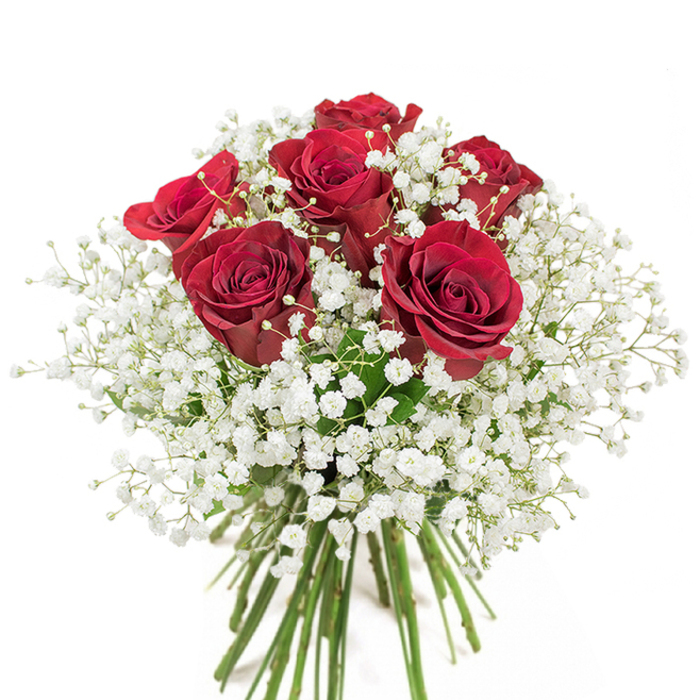 I take particular pleasure in arranging these timeless bouquets: a dense cluster of sumptuous red roses ringed by halos of tiny white baby's breath, held together in a clear glass vase that reveals the straight, verdant stems beneath. Each rose speaks of depth and intensity-petals layered in concentric curves, edges soft with a velvet finish-while the gypsophila trickles between blooms like spun snow, lending air and a whisper of innocence. The tactile contrast is immediate: smooth, robust rose petals against the light, lace-like texture of the baby's breath. In bright studio light the crimson tones read as warm and saturated, and the minute white flowers pick up every highlight, giving the arrangement a slight, ethereal shimmer. This design leans into classic romance but carries a fresh, local personality; I think of placing one on a table after a walk through Grove Park Nature Reserve or arranging this as a thoughtful surprise for neighbours returning from Grove Park station. It suits anniversaries, tender apologies, or any heartfelt celebration where a measured, artful expression of love is required. The bouquet is crafted to feel intimate and considered, the sort of floral offering that settles into a room and becomes a quiet, elegant presence rather than an ostentatious statement.