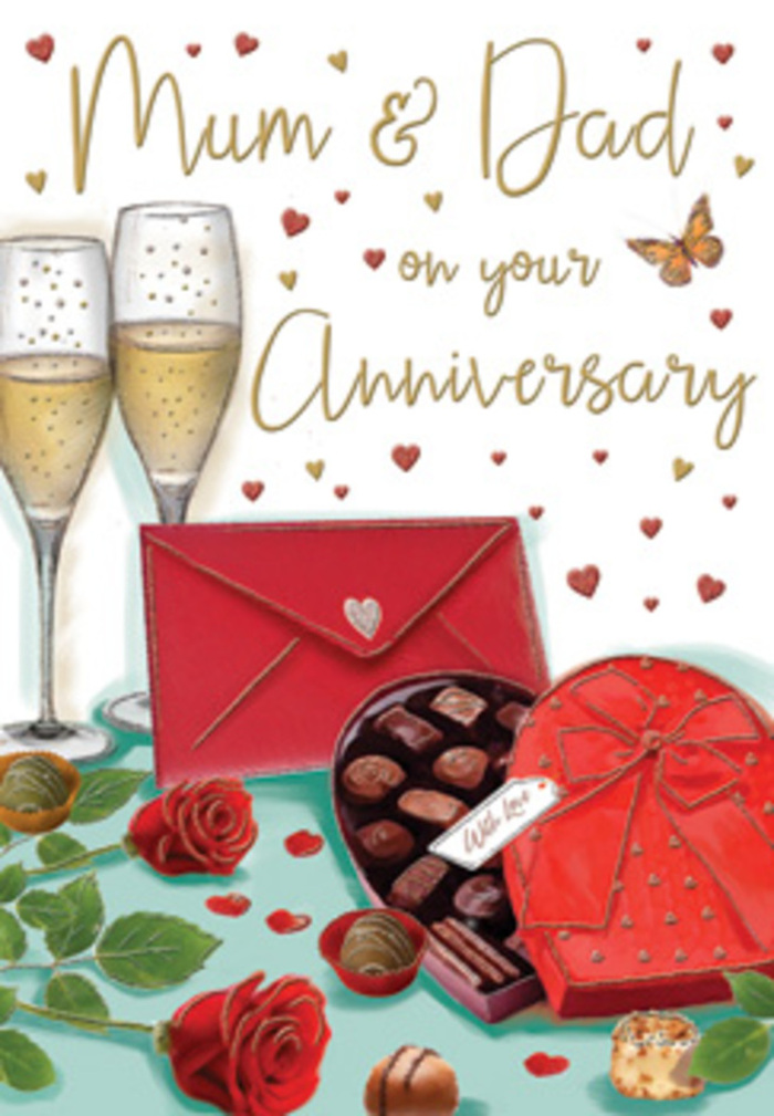Elegant and indulgent anniversary card illustration celebrating parents' enduring love, imagined through the eyes of a Grove Park florist used to crafting romantic moments. In the foreground, two lush red roses lie slightly overlapping, petals opening in generous spirals, each bloom at the perfect stage of openness where colour and texture are at their most dramatic. Their deep crimson is offset by a few hints of leafy green, suggesting they have just been set down after being part of a hand-tied bouquet. To one side is a heart-shaped box of chocolates, also in a rich red hue, its lid opened to reveal carefully arranged truffles resting in a dark insert. Some chocolates are lighter, some darker, hinting at different flavours waiting to be shared after a cosy dinner in a Grove Park home. Draped across the box is a wide red bow, its satin loops catching the imaginary glow of candlelight. Rising gracefully behind the roses and chocolates are two slender champagne flutes, filled with pale golden fizz. The bubbles are suspended in mid-rise, as though the scene captures the exact moment before a toast to Mum and Dad's years together. Above and around the central elements drift small hearts in gold and crimson, scattered in a way that adds gentle movement without crowding the design. A handwritten dedication to Mum & Dad sits proudly among them, the script fluid and affectionate. At the bottom, a bright red envelope lies partially in view, its neat, pointed flap implying a personal message sealed inside. The whole card exudes warmth, celebration, and that quiet, contented happiness that comes from a love that has lasted.