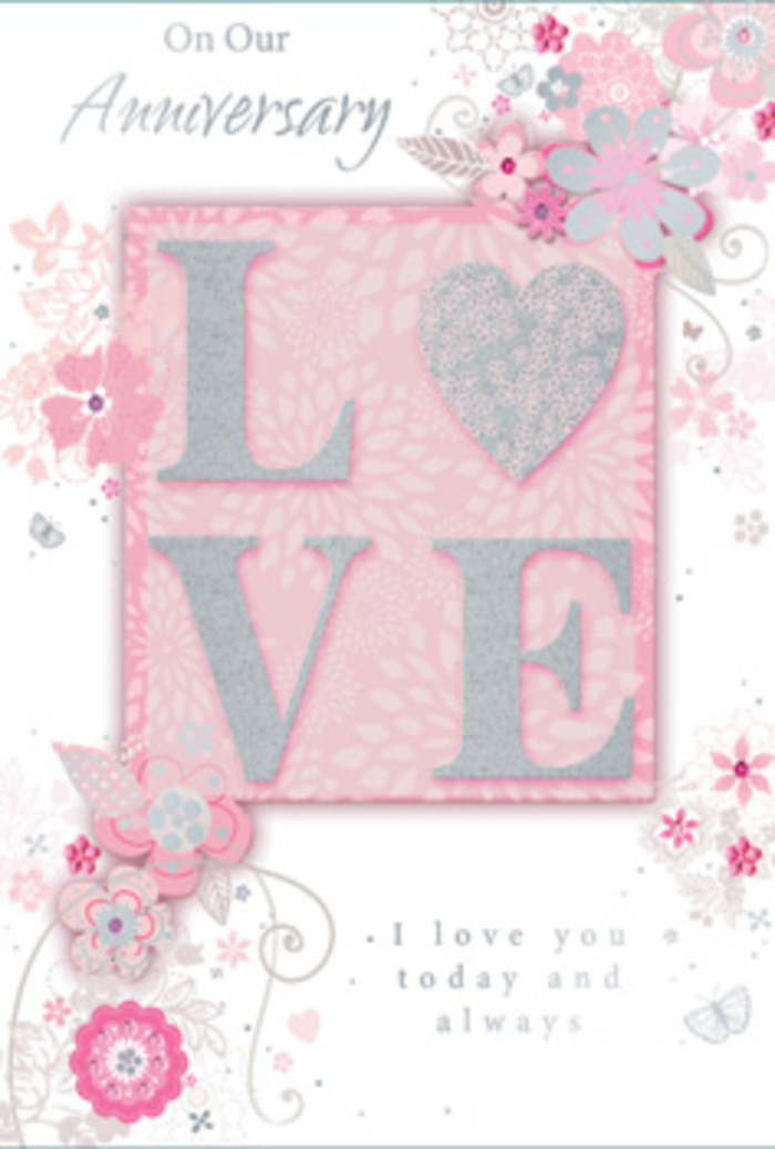 This anniversary card is styled with the understated charm of a Grove Park townhouse bouquet, refined yet full of feeling. Across the centre, the word LOVE rises from the surface in raised lettering, each character coated with a dusting of fine glitter that glows in shades of blush, white, and silver. The letters have a gentle curve to them, almost like petals pressed into the paper, and their textured finish invites a slow, appreciative touch. They sit against a block of soft blush pink, a smooth, velvety panel that stands out against the lighter border, creating a calm, centred composition. Around this focal area, delicate illustrations of flowers and leaves drift and curl. The blooms are drawn in slender lines of pink, pale grey, and ivory, their shapes reminiscent of open roses and small spring blossoms that might be gathered into a hand-tied bunch by a local Grove Park florist. Each petal carries the suggestion of depth through minimal shading, and fine silver detailing highlights certain curves and edges, adding a quiet glimmer reminiscent of streetlights reflecting after a gentle rain. The background colour is a subdued, warm pink, filling the card with a sense of tranquillity and soft romance. Woven through the floral design is an elegant message written in graceful script, expressing anniversary wishes and enduring devotion, its grey ink aligned with the muted palette. The entire card feels thoughtful and intimate, like a whispered promise shared over a candlelit meal at home in Grove Park, complemented by fresh flowers and memories gathered lovingly over the years.