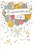 The front of this congratulations card feels like a polished echo of the celebrations that unfold around Grove Park-subtle, stylish, and full of warmth. At the centre, a dewy-looking bouquet of illustrated balloons rises in a loose cluster, layered so that some sit prominently at the front while others peek softly from behind. Their colours form a gentle metallic symphony: warm gold and champagne, cool silver, soft sky blue, blush pink, and muted grey, all balanced to create a harmonious, modern palette. Each balloon is detailed with refined embellishments-trails of tiny stars, sleek stripes, and sparkling flecks that mimic glitter-suggesting a play of light across their rounded surfaces. From the bottom of the cluster, slender ribbons in shimmering gold and silver curl downward, looping and twisting like the trailing ends of real curling ribbon tied around a bouquet heading to a home near Strand on the Green. The background is pale and gently speckled with small stars, dots, and spiralling decorative lines, as if confetti were floating through the air just after the words Well done have been spoken. A softly curved banner stretches across the middle of the design, carrying the message Congratulations To You in stylish, handwritten-style script that feels as sincere as a spoken compliment. The overall impression is one of light, joyous elegance-celebratory without being overpowering, suitable for any proud achievement. Imagined in hand, the card would offer a mix of smooth cardstock and slightly raised glittered details to the touch. As a florist in Grove Park, I often picture this card nestled among fresh blooms from Flowers Grove Park, ready for hand delivery, carrying with it an atmosphere of appreciation and delight for milestones both big and small.