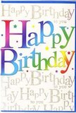 This birthday card looks like a celebration waiting to be handed over in Grove Park, with its colours and shimmer working together like a well-arranged party table. Centered on the front, the phrase Happy Birthday is written in large, rounded letters, each one filled with a different vivid shade so that the words themselves become a band of blended rainbow colour. Deep reds ease into pinks, cool blues, fresh greens, and warm yellows, echoing the spectrum you might see in a vibrant mix of seasonal flowers ready for doorstep delivery around Grove Park. The letters feel slightly raised and smooth, with a glossy finish that reflects light gently, adding a sense of depth and presence. Behind this exuberant greeting, the background is layered with the repeated phrase Happy Birthday to you in fine, looping gold script that flows across the card in an almost musical rhythm. The script is dusted with subtle glitter, so that it sparkles softly when the card is tilted, like small party lights reflecting off glass nearby. The overlapping lines of gold create a warm, textured backdrop without overwhelming the main message, giving the impression of many quiet voices echoing the same heartfelt wish. Tiny flecks of golden sparkle appear between and around the letters, suggesting confetti or distant stars. The whole design feels polished but welcoming, suitable for any age or style of celebration, and perfectly at home slipped alongside a bouquet from Flowers Grove Park-a card that transforms a simple birthday greeting into something bright, memorable, and touched with genuine affection.