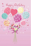This birthday-themed illustration offers a delightful blend of balloons and blooms, as if a florist in Grove Park imagined a celebration floating gently above a local garden. The background is a smooth, soft pink that immediately sets a warm, affectionate tone. From the base of the scene, a cluster of pastel balloons rises upward, overlapping in a loose bouquet-like shape that feels both spontaneous and carefully composed. Each balloon has its own character: some are wrapped in candy-coloured stripes of rose, lemon, and teal; others are dotted with playful polka dots or dressed in delicate floral patterns, while a prominent heart-shaped balloon glows at the centre, radiating quiet affection. Beneath this joyful canopy rests a compact but lush bouquet of flowers. Roses and anemone-like blossoms gather in gentle tones of creamy ivory, blush pink, and soft mauve, their feathery petals suggesting a light, sweet fragrance that might greet you when you open the door to a fresh delivery in Grove Park. The stems are tied together with a violet satin bow whose subtle sparkle catches the imaginary light, much like the glossy highlights along the curved surfaces of the balloons. Soft, even lighting makes every colour feel clear and yet calming, while tiny star motifs and butterfly-like shapes are scattered lightly throughout, adding a touch of fairy-tale charm. The entire composition feels airy, bright, and perfectly festive, capturing the spirit of a birthday that is meant to feel unforgettable-like receiving a thoughtfully designed bouquet that brings a burst of happiness into a Grove Park home.