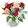 This elegant Grove Park bouquet is a dance of warmth and colour-peach-apricot roses with their petal spirals unfold alongside plush crimson chrysanthemums and a jewel-bright red rose, all exuding a sense of quiet celebration. Baby's breath weaves gently through, its snowy clusters softening the richness of the main blooms, while lush green leaves glisten beneath. Sprigs of eucalyptus with their silvery-blue discs add a refreshing modern step, reminiscent of breezes by Chiswick's towpaths, and the arrangement is deepened by flashes of dark, plum succulent-like foliage at the base. Gathered in a round, clear glass vase that lets every stem and swirl of water show through, this bouquet glows as a centrepiece for gratitude, a birthday gathering, or simply to bring the artistry of Grove Park's florists into a cherished home. Each detail speaks of local care and thoughtful design, radiating warmth, style, and vitality.