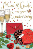 Illustrated anniversary card scene that feels like a romantic table setting just off the quiet streets of Grove Park, created to honour Mum and Dad. At the forefront of the image, two full-bloom red roses rest gracefully, petals layered in rich, velvety folds that look soft enough to touch. Their intense crimson colour is deepened by small flashes of green foliage peeking from underneath, evoking the look of a freshly arranged bouquet delivered from a nearby florist. Positioned beside the roses, a heart-shaped chocolate box in matching red sits proudly, its lid tipped open to reveal an assortment of chocolates. Each truffle is nestled in its own little space, with smooth surfaces and subtle highlights suggesting glossy, indulgent centres waiting to be enjoyed. A large, flowing red satin bow decorates the box, tied with symmetrical loops that add a sense of luxury and care. Behind this pairing stand two tall, elegant champagne flutes, filled with softly glowing golden champagne. The glass catches the light, and fine streams of bubbles drift upward, as if frozen just before a celebratory clink in a Grove Park dining room. Surrounding the central scene, tiny hearts in metallic gold and deep crimson appear to float across a pale background, leading the eye toward a hand-written Mum & Dad message at the top of the card. At the bottom edge, a vivid scarlet envelope lies neatly, flap closed, hinting at a treasured message folded within. The overall mood is one of gentle celebration, indulgence, and gratitude for years of shared memories and enduring love.